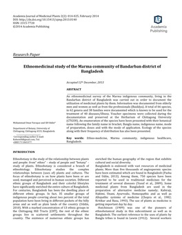 Ethnobotanical Study on Medicinal Plantsof Marma Community in Bandarban District of Bangladesh