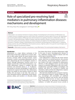 Role of Specialized Pro-Resolving Lipid Mediators in Pulmonary