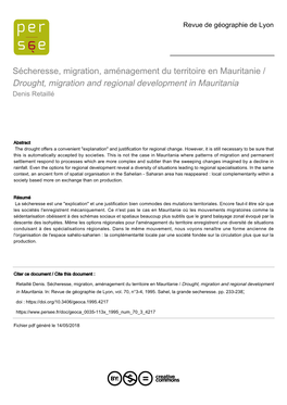 Sécheresse, Migration, Aménagement Du Territoire En Mauritanie / Drought, Migration and Regional Development in Mauritania Denis Retaillé