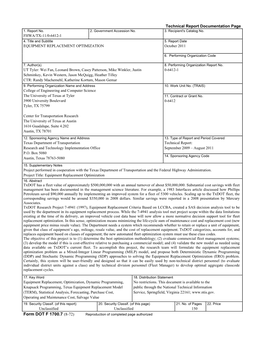 EQUIPMENT REPLACEMENT OPTIMIZATION October 2011