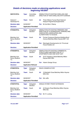 Details of Decisions Made on Planning Applications Week Beginning 4/6/2007