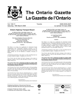 Ontario Gazette Volume 139 Issue 11, La Gazette De L'ontario Volume 139