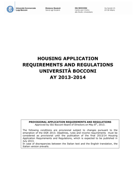 Housing Application Requirements and Regulations Università Bocconi Ay 2013-2014