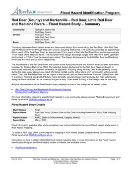 Red Deer (County) and Markerville – Red Deer, Little Red Deer and Medicine Rivers – Flood Hazard Study – Summary