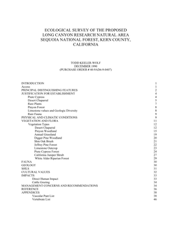 Ecological Survey of the Proposed Long Canyon Research Natural Area Sequoia National Forest, Kern County, California