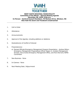 WEST HANTS REGIONAL MUNICIPALITY Committee of the Whole – Special Meeting Agenda December 08, 2020, 6:00 P.M