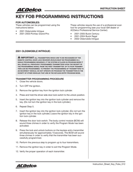 Key Fob Programming Instructions