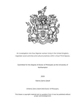 An Investigation Into How Algerian Women Living in the United Kingdom, Negotiate Social Activities and Cultural Practices Within Virtual Third Spaces