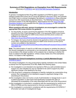 Summary of FDA Regulations on Exemption from IND Requirements (Summary of 21CFR312 and 2013 FDA IND Exemption Guidance)