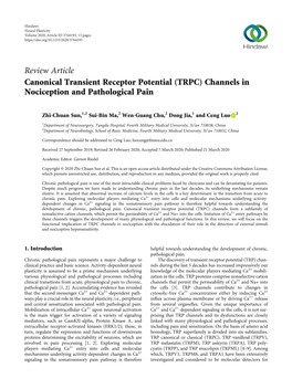 (TRPC) Channels in Nociception and Pathological Pain
