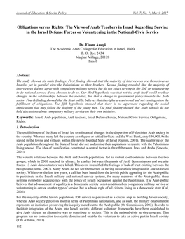 Obligations Versus Rights: the Views of Arab Teachers in Israel Regarding Serving in the Israel Defense Forces Or Volunteering in the National-Civic Service