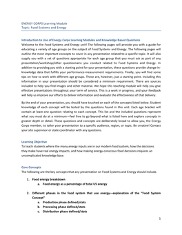 1 ENERGY CORPS Learning Module Topic: Food Systems and Energy Introduction to Use of Energy Corps Learning Modules and Knowledge