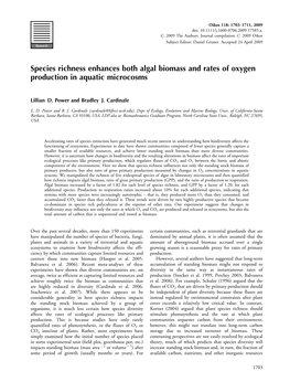 Species Richness Enhances Both Algal Biomass and Rates of Oxygen Production in Aquatic Microcosms