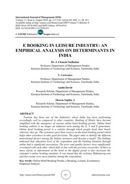 E Booking in Leisure Industry: an Empirical Analysis on Determinants in India