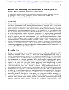 International Authorship and Collaboration in Biorxiv Preprints Richard J