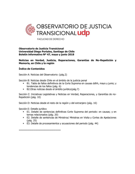 Observatorio De Justicia Transicional Universidad Diego Portales, Santiago De Chile Boletín Informativo Nº 47, Mayo Y Junio 2018