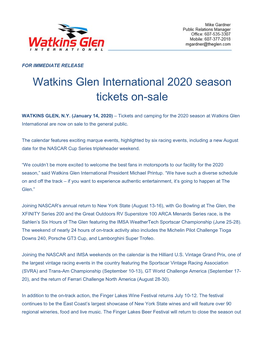 Watkins Glen International 2020 Season Tickets On-Sale