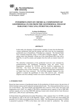 Interpretation of Chemical Composition of Geothermal Fluid from the Geothermal Field of Baransky Volcano, Iturup Island, Russia