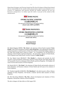 Swire Pacific Limited 太古股份有限公司 Swire