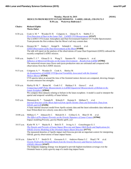 Monday, March 16, 2015 [M101] RESULTS from RECENT LUNAR MISSIONS: LADEE, GRAIL, CHANG'e-3 8:30 A.M. Waterway Ballroom 1