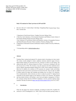 Daily CO 2 Emission for China's Provinces in 2019 and 2020