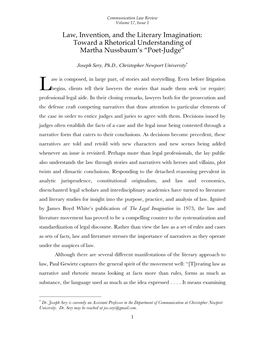 Law, Invention, and the Literary Imagination: Toward a Rhetorical Understanding of Martha Nussbaum’S “Poet-Judge”