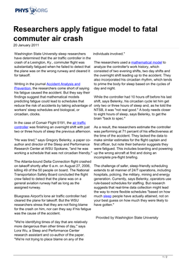 Researchers Apply Fatigue Model to Fatal Commuter Air Crash 20 January 2011