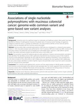 Associations of Single Nucleotide Polymorphisms with Mucinous Colorectal Cancer: Genome-Wide Common Variant and Gene-Based Rare Variant Analyses Michelle E
