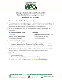 Transportation Advisory Committee Cisco Webex Virtual Meeting Instructions Wednesday, May 12, 2:00 PM