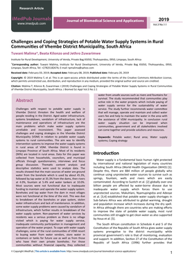 Challenges and Coping Strategies of Potable Water Supply Systems in Rural Communities of Vhembe District Municipality, South