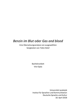 Benzin Im Blut Oder Gas and Blood Eine Übersetzungsanalyse Von Ausgewählten Songtexten Von Tokio Hotel