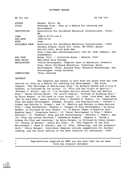 Readings from Play As a Medium for Learning and Development / Edited by Doris Bergen