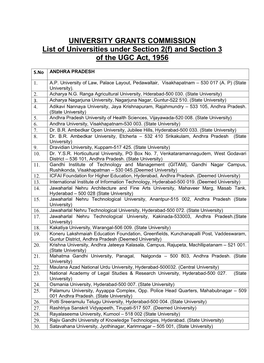 List of Universities Under Section 2(F) and Section 3 of the UGC Act, 1956