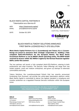 Black Manta & Tokeny Solutions Announce First