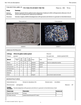 Site 1105 Core Descriptions Thin Sections 1