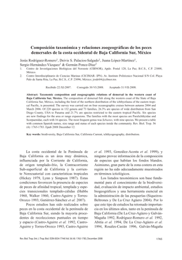 Composición Taxonómica Y Relaciones Zoogeográficas De Los Peces Demersales De La Costa Occidental De Baja California Sur, México