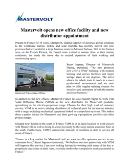 Mastervolt Opens New Office Facility and New Distributor Appointment