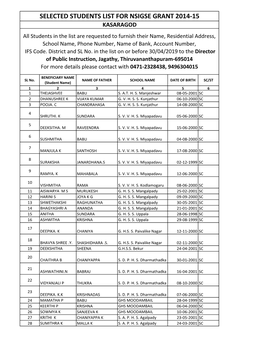 KASARAGOD All Students in the List Are Requested to Furnish Their Name, Residential Address, School Name, Phone Number, Name of Bank, Account Number, IFS Code