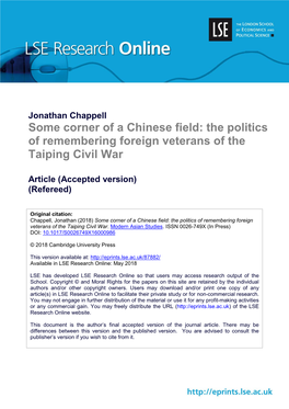 Some Corner of a Chinese Field: the Politics of Remembering Foreign Veterans of the Taiping Civil War