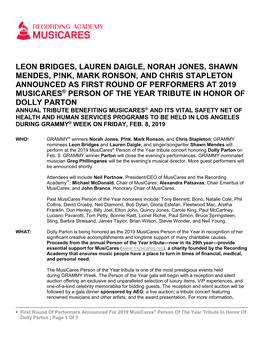 Leon Bridges, Lauren Daigle, Norah Jones, Shawn Mendes, P!Nk, Mark Ronson, and Chris Stapleton Announced As First Round of Perfo