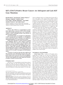 KIT (CD117)-Positive Breast Cancers Are Infrequent and Lack KIT Gene Mutations