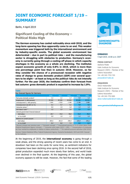 Joint Economic Forecast 1/19 – Summary