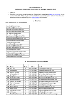 Contact Information for Co-Sponsors of the Analog Meter Choice Bill (Michigan House Bill 4220)