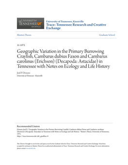 Geographic Variation in the Primary Burrowing Crayfish, Cambarus Dubius Faxon and Cambarus Carolinus