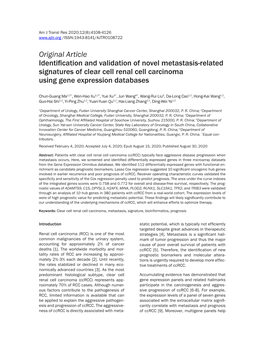 Original Article Identification and Validation of Novel Metastasis-Related Signatures of Clear Cell Renal Cell Carcinoma Using Gene Expression Databases