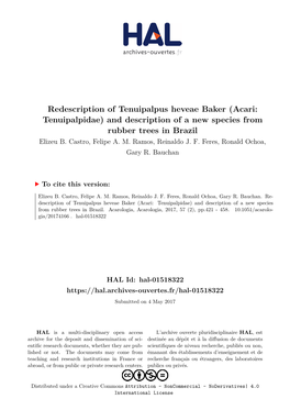 Redescription of Tenuipalpus Heveae Baker (Acari: Tenuipalpidae) and Description of a New Species from Rubber Trees in Brazil Elizeu B