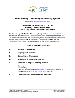 Essex County Council Agenda Regular Meeting February 17, 2016