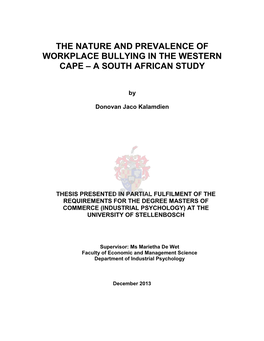 The Nature and Prevalence of Workplace Bullying in the Western Cape – a South African Study