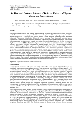 In Vitro Anti Bacterial Potential of Different Extracts of Tagetes Erecta and Tagetes Patula