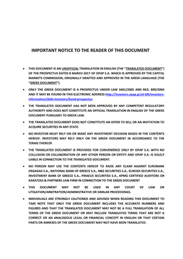 Important Notice to the Reader of This Document